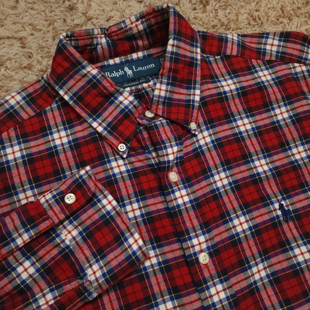 Ralph Lauren Button Down Shirt Mens M Red White Blue Plaid Classic Fit Cotton